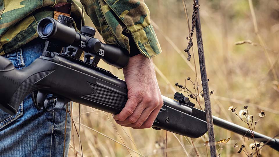 Luftgewehr im Vordergrund, das von einer männlichen Hand gehalten wird. Natur und Wiese im Hintergrund.