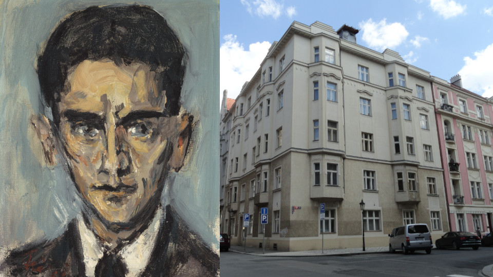 Kafka-Portrait von Friedricht Feigl (li), das Haus, in dem Kafka 1914 wohnte (re)