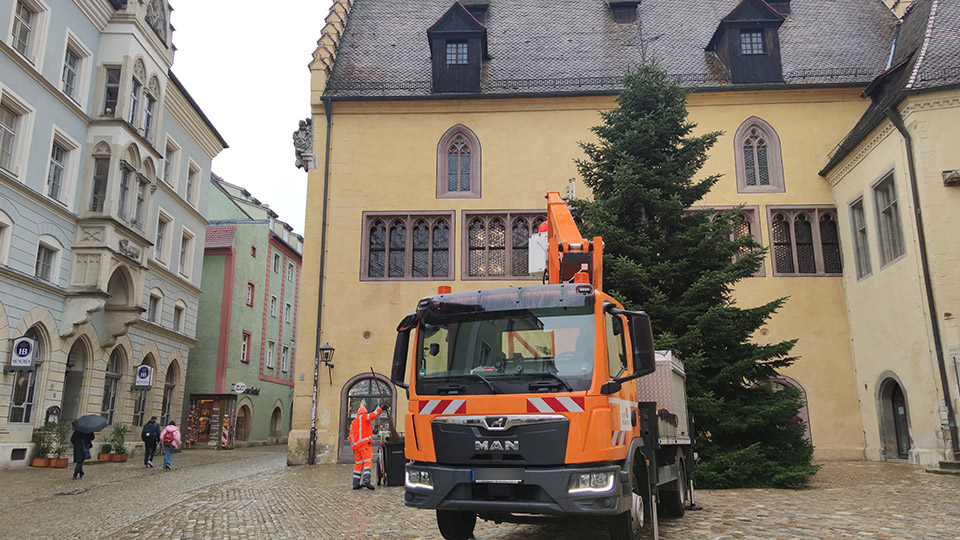 Aufbauarbeiten: Die Spitze am Christbaum vor dem Alten Rathaus in Regensburg ist bereits angebracht