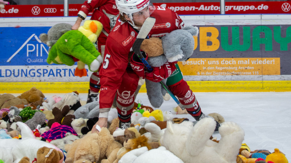 Eishockey Spieler auf dem Eis nehmen die Kuscheltiere entgegen