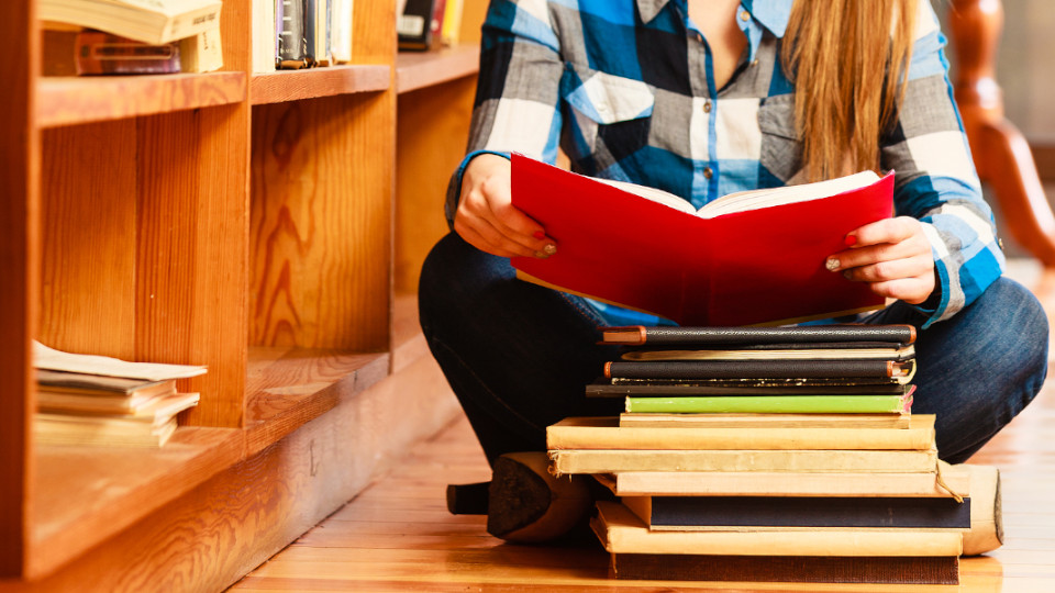 Symbolbild: Schülerin sitzt mit Büchern am Boden